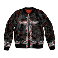 Unisex black zip-up bomber jacket with Haida-style totem graphic and ribbed cuffs