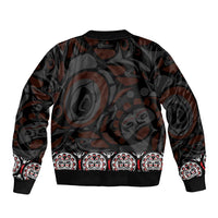 Unisex black zip-up bomber jacket, back view with Haida-style totem and repeating faces