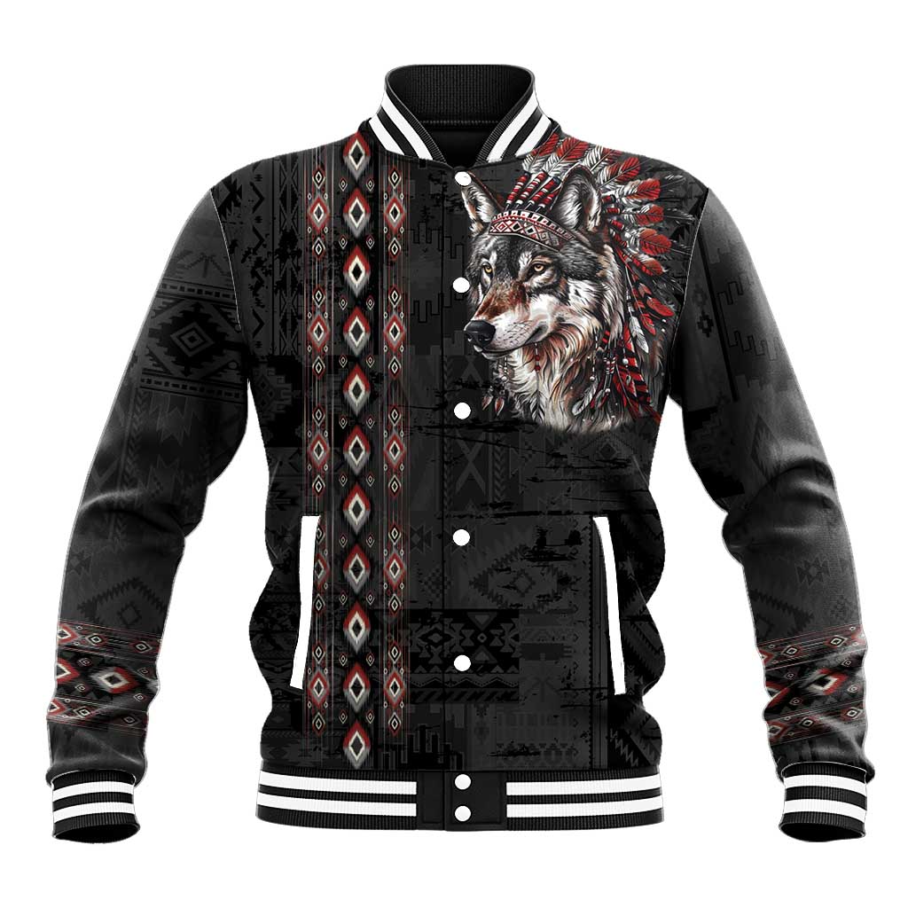 Native American Wolf Baseball Jacket Tribal Pattern
