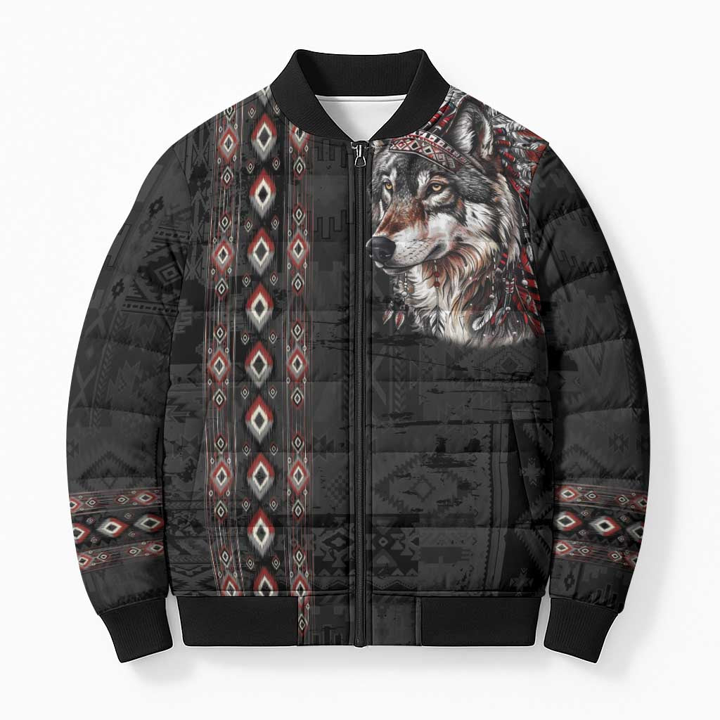 Native American Wolf Bomber Puffer Jacket Tribal Pattern