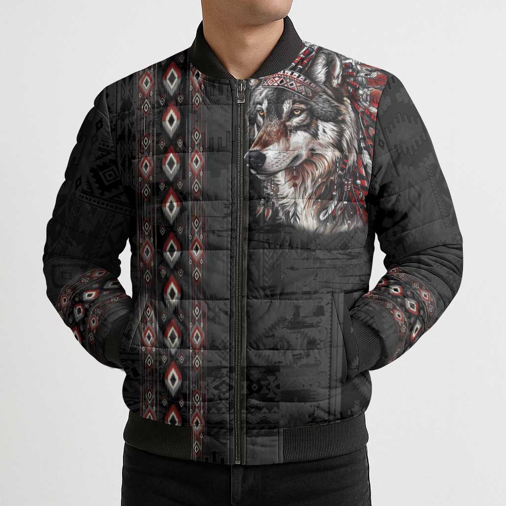 Native American Wolf Bomber Puffer Jacket Tribal Pattern