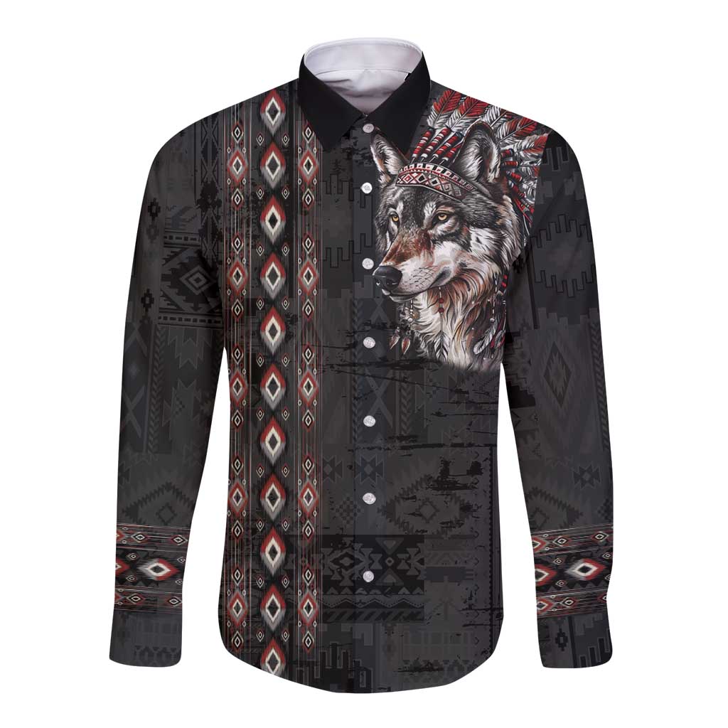 Native American Wolf Long Sleeve Button Shirt Tribal Pattern