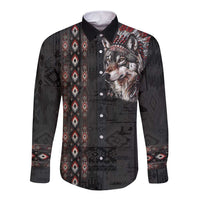Native American Wolf Long Sleeve Button Shirt Tribal Pattern