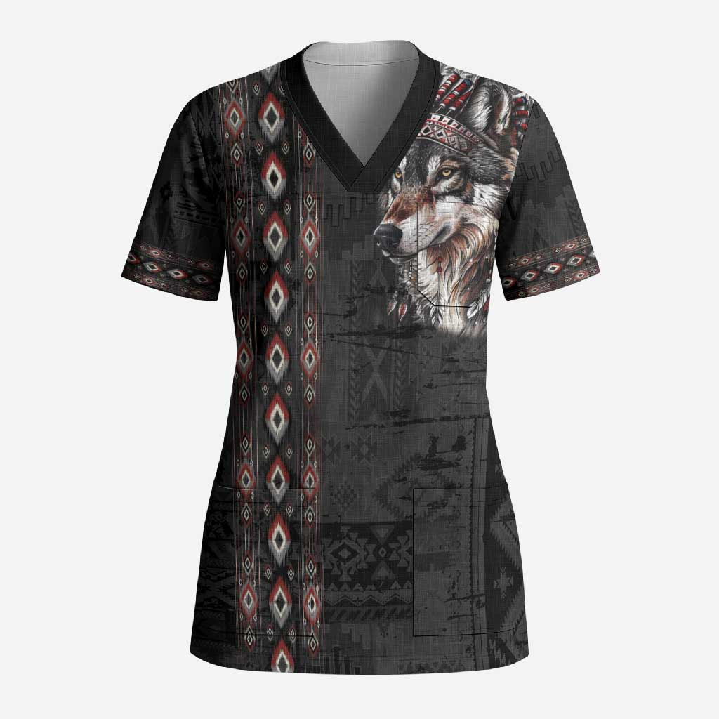 Native American Wolf Scrub Top Tribal Pattern