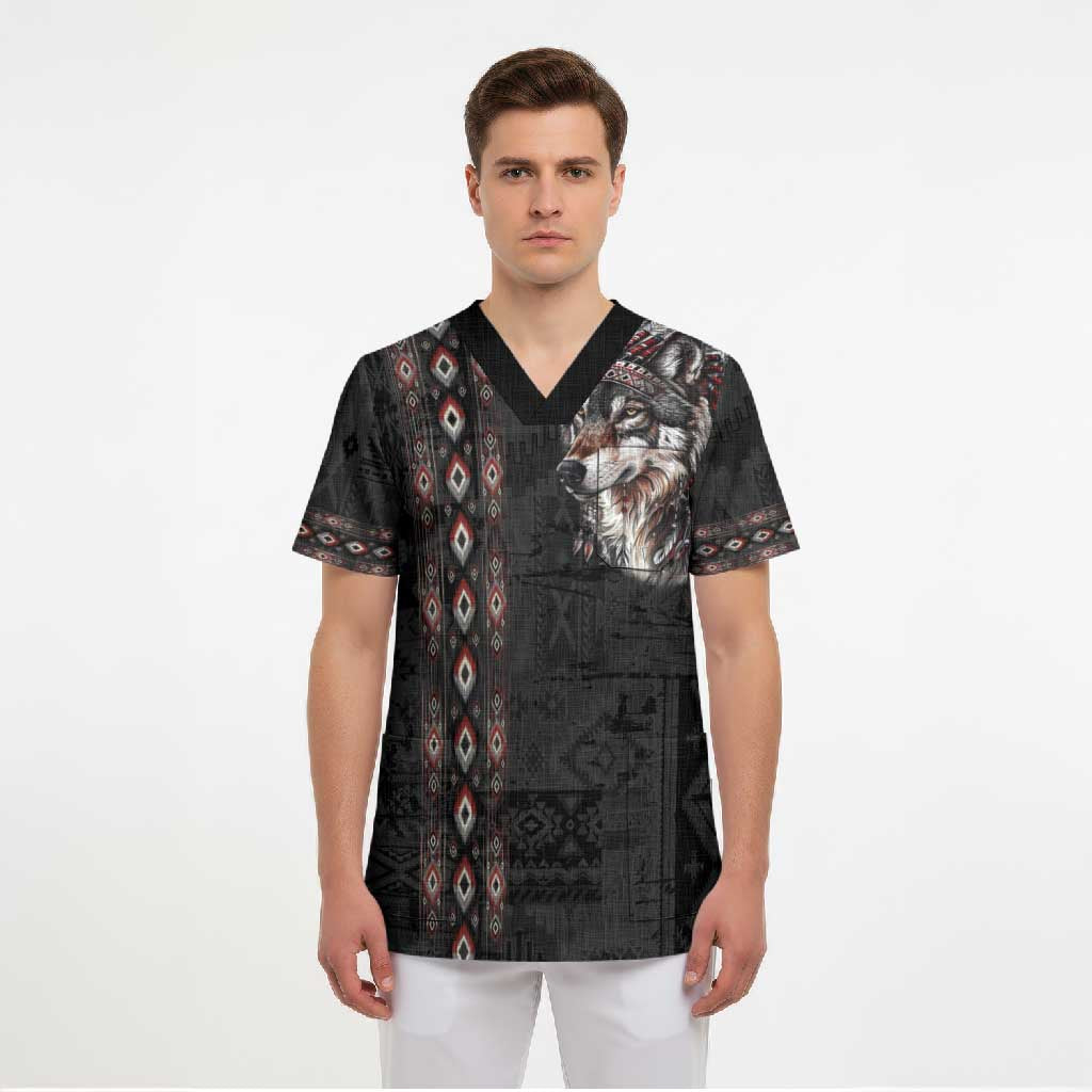 Native American Wolf Scrub Top Tribal Pattern