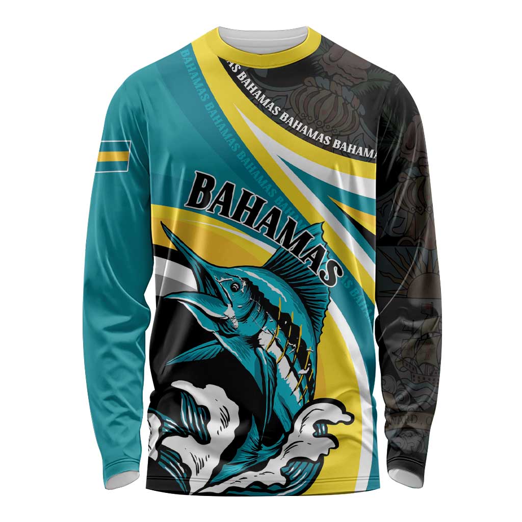 Personalised The Bahamas Blue Marlin Long Sleeve Shirt Bahamian Coat Of Arms