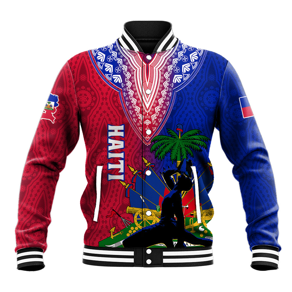 Bicolor baseball jacket with red-and-blue dashiki graphic, striped ribbed collar and cuffs