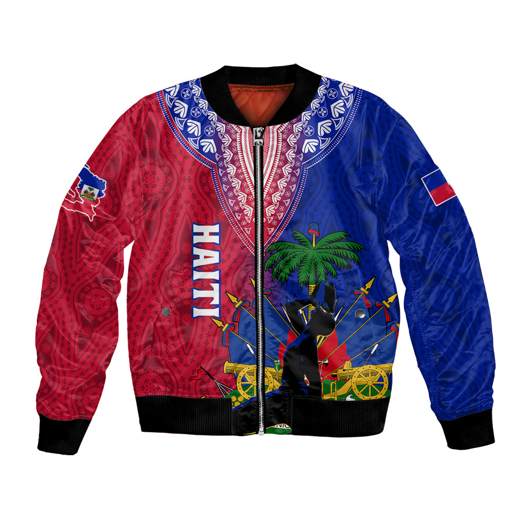 Unisex bomber jacket with red-and-blue graphic, HAITI lettering, ribbed collar and cuffs