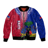 Unisex bomber jacket with red-and-blue graphic, HAITI lettering, ribbed collar and cuffs