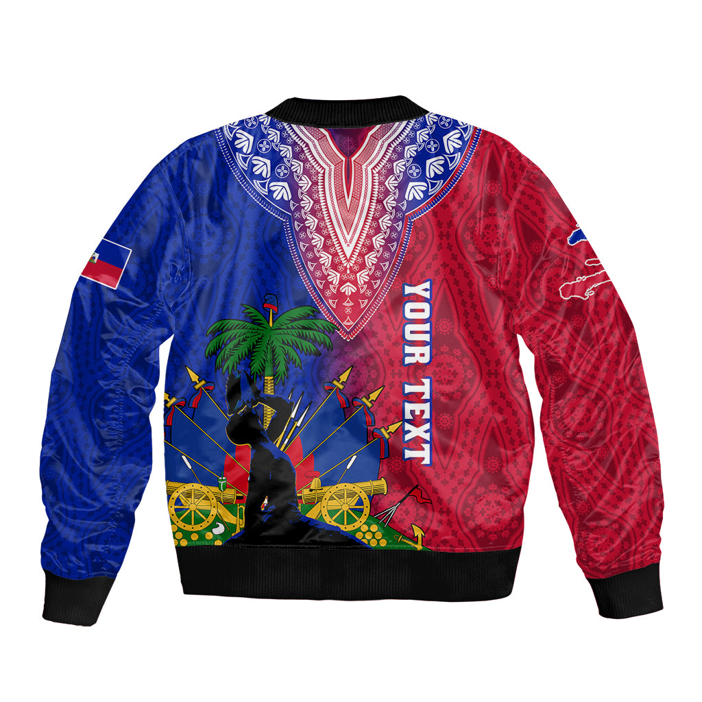 Unisex bomber jacket with blue-and-red graphic, V-neck dashiki trim, “YOUR TEXTY” print