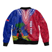 Unisex bomber jacket with blue-and-red graphic, V-neck dashiki trim, “YOUR TEXTY” print