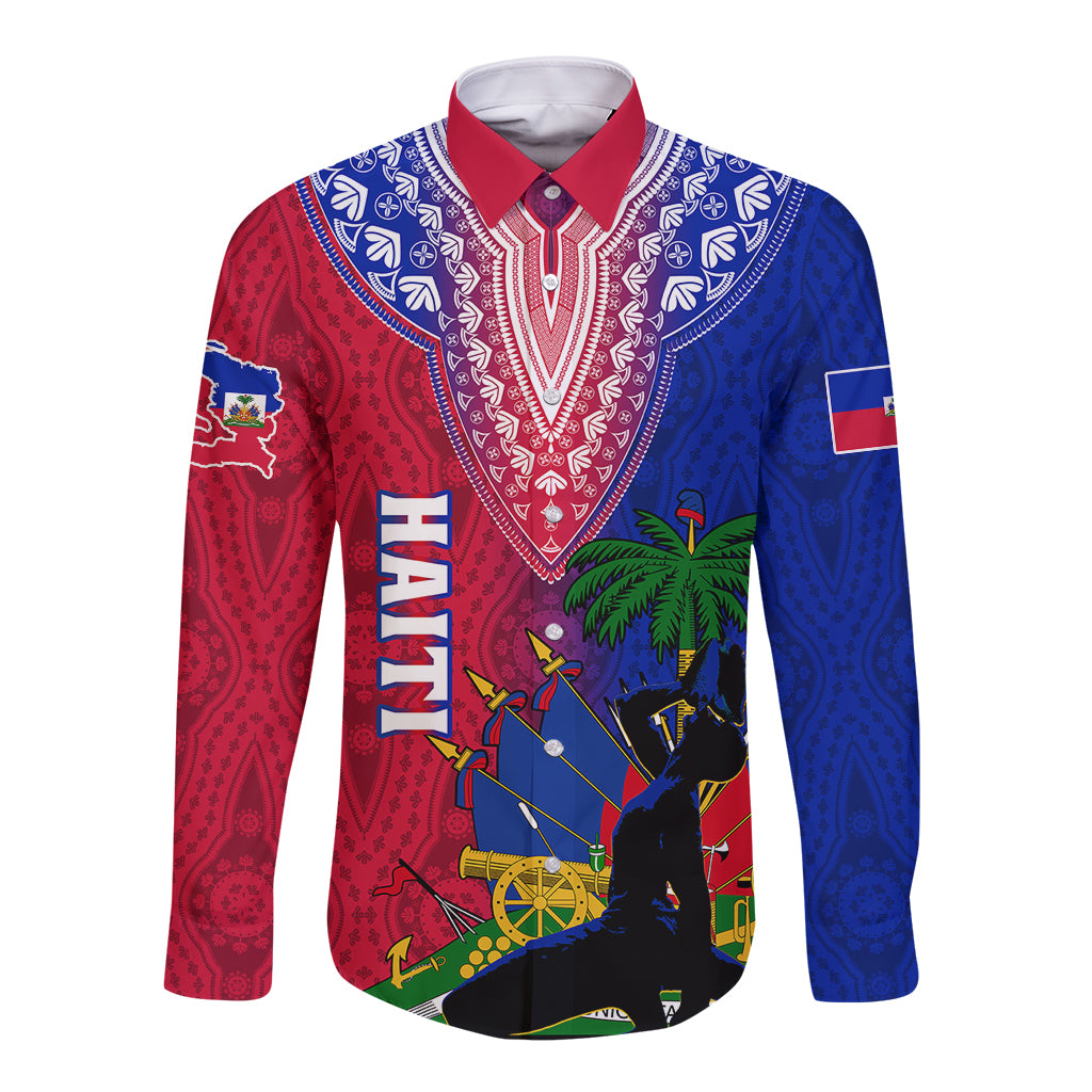 Long sleeve button shirt with red blue dashiki trim and central graphic, red collar