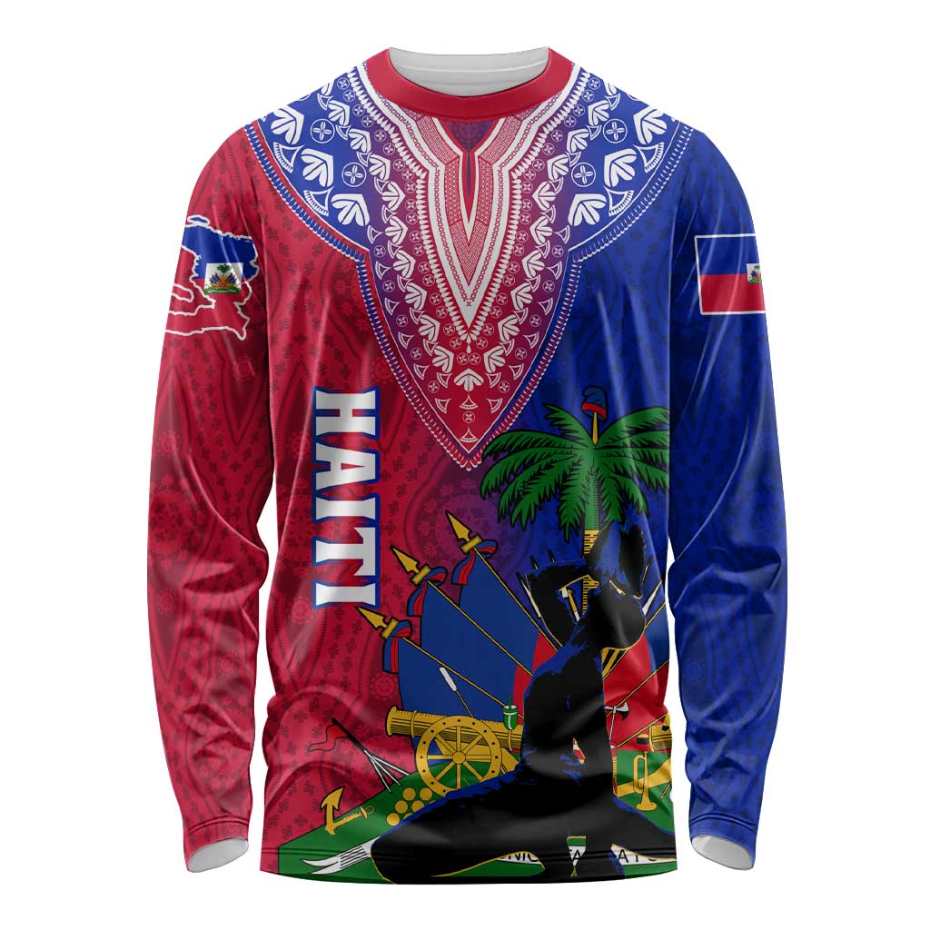 Unisex long-sleeve shirt with red/blue dashiki graphic front and Haiti text
