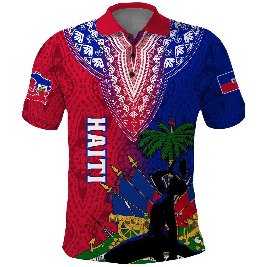 Personalised polo shirt with Haiti graphic, blue-red dashiki pattern, red collar