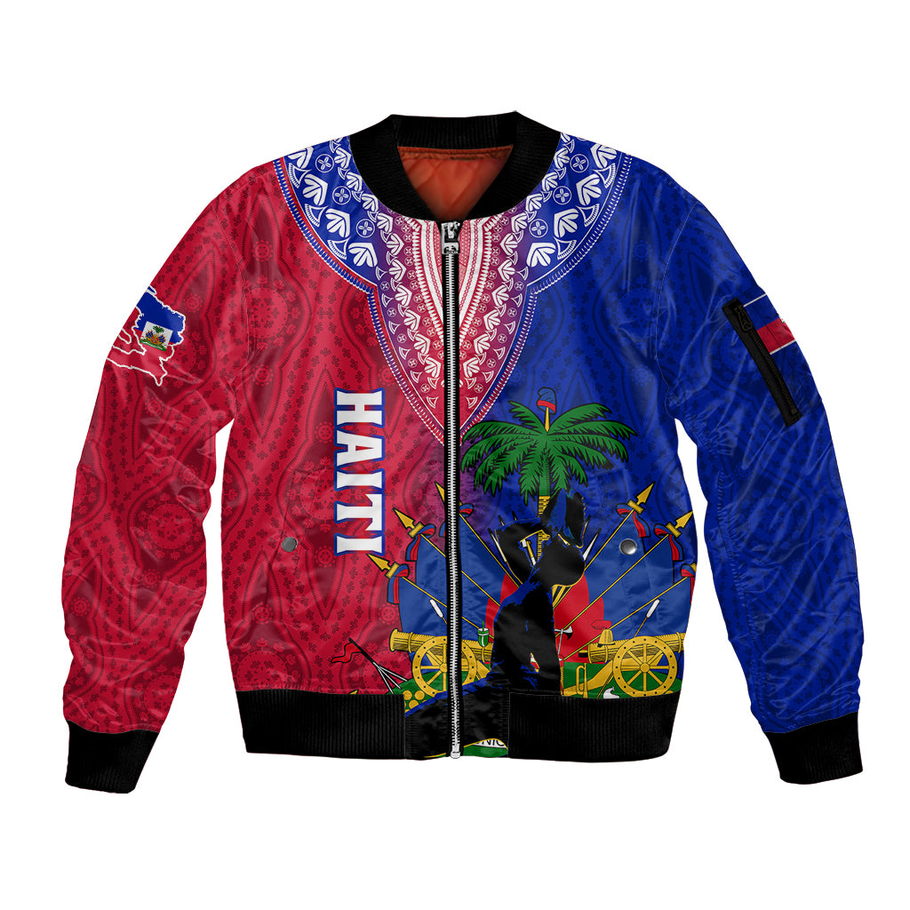 Red and blue Haiti graphic bomber jacket with full zip, ribbed cuffs, palm print
