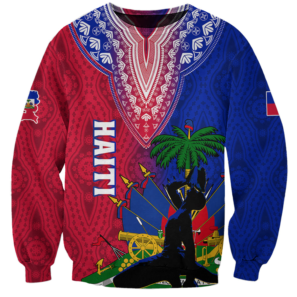 Unisex crewneck Haiti sweatshirt, red/blue front graphic with palm tree and cannons