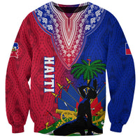 Unisex crewneck Haiti sweatshirt, red/blue front graphic with palm tree and cannons