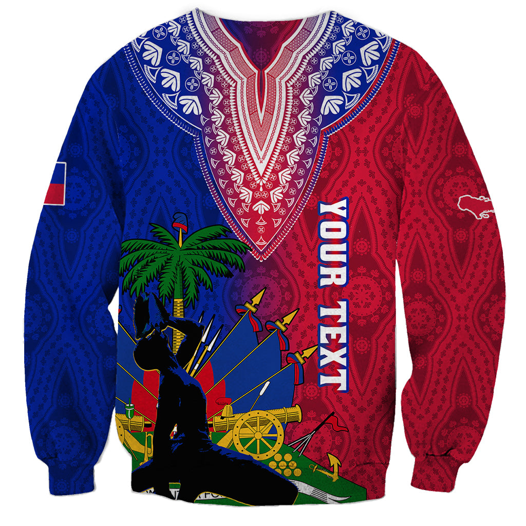 Unisex crewneck Haiti sweatshirt, blue and red patterned print with palm tree and figure