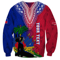 Unisex crewneck Haiti sweatshirt, blue and red patterned print with palm tree and figure