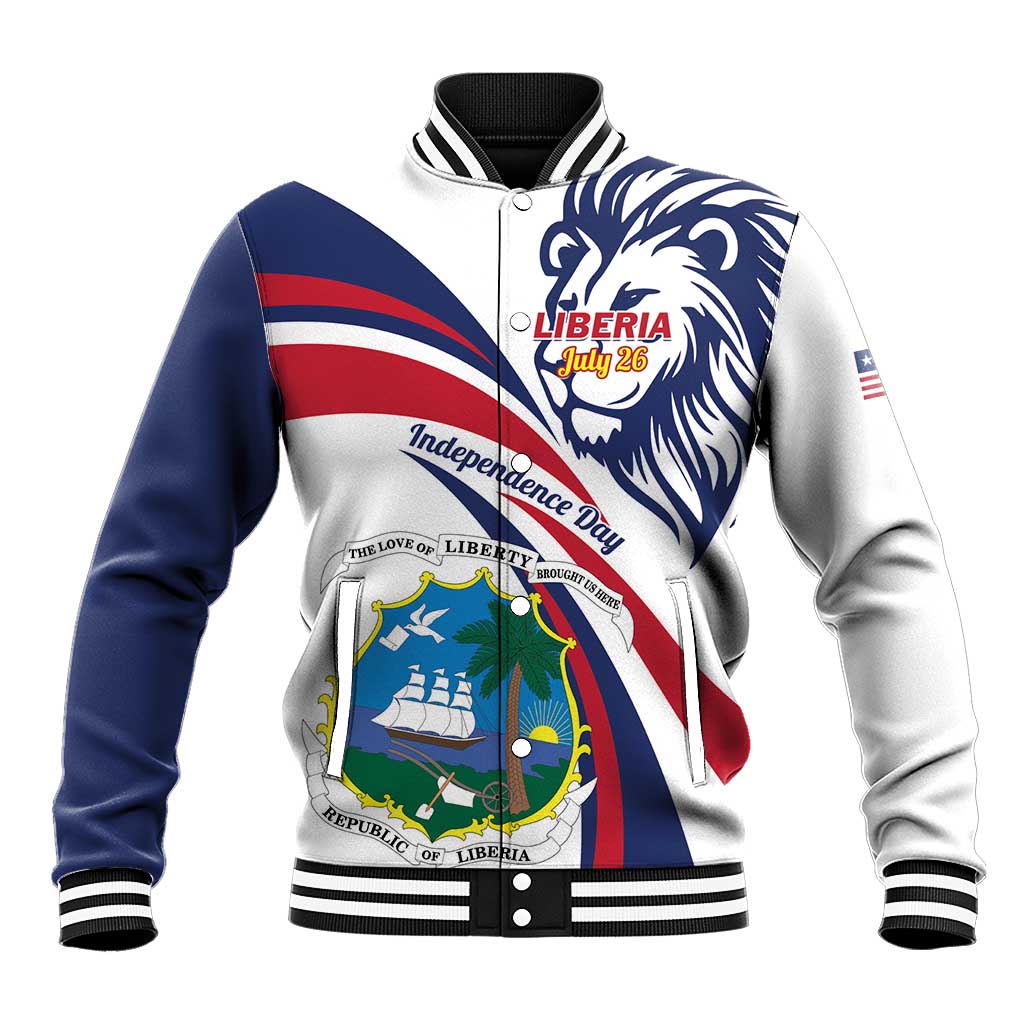 White varsity baseball jacket with lion crest and Liberia flag patches, ribbed cuffs.