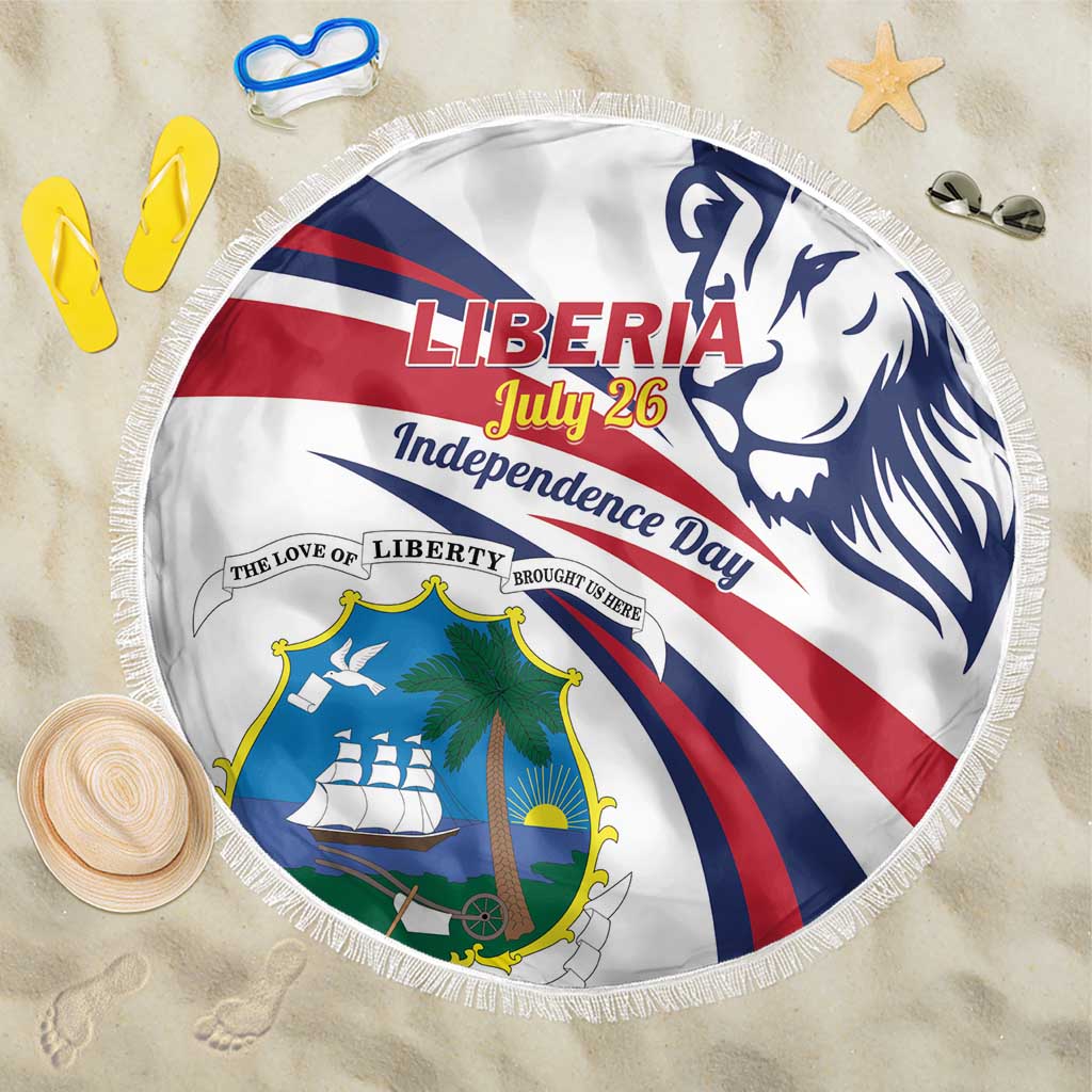 Round Liberia July 26 beach blanket with fringe, lion coat of arms and flag design