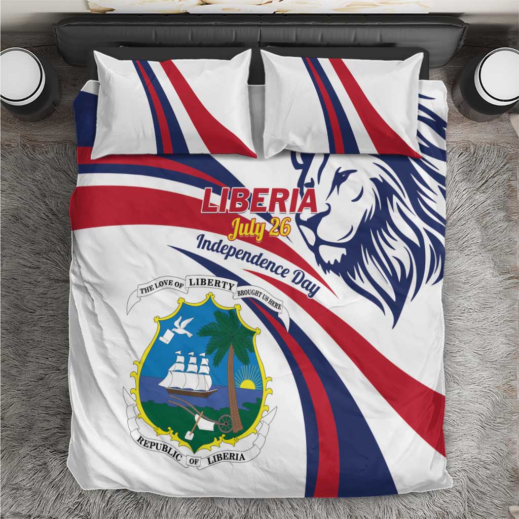 White bedding set with red and blue stripes, lion head print, Liberia Independence Day emblem