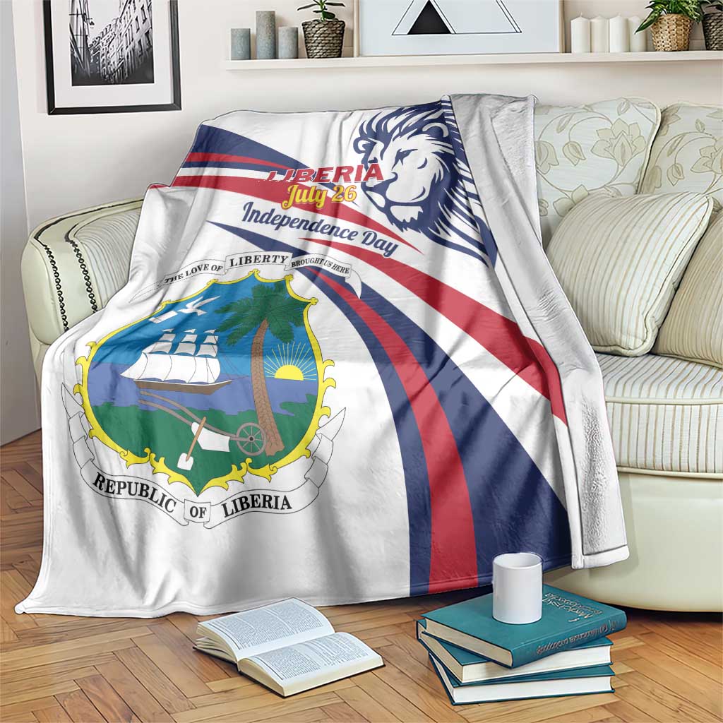 White Liberia blanket with lion head, flag stripes, and coat of arms crest