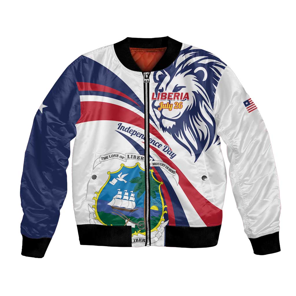 White and navy bomber jacket with full-zip front, lion graphic and Liberia Independence Day print
