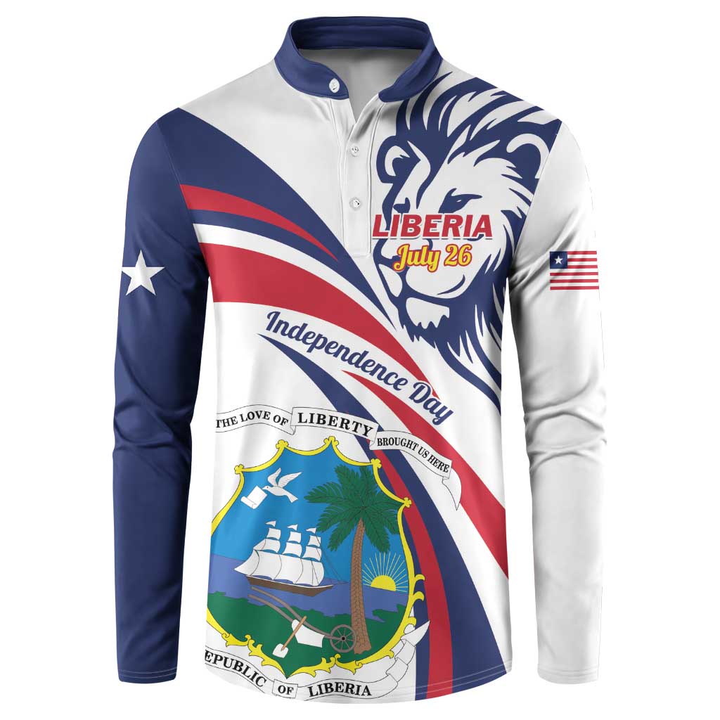 White-and-navy henley sweatshirt, front buttons, Liberia lion and coat-of-arms graphic
