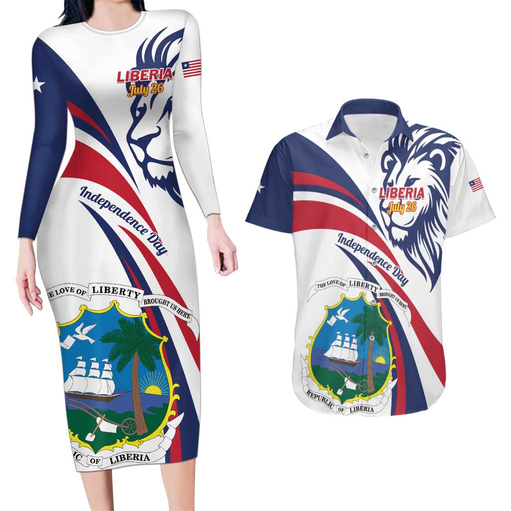 Liberia Independence Day Couples Matching Long Sleeve Bodycon Dress and Hawaiian Shirt July 26 Lion Coat of Arms - Wonder Print Shop