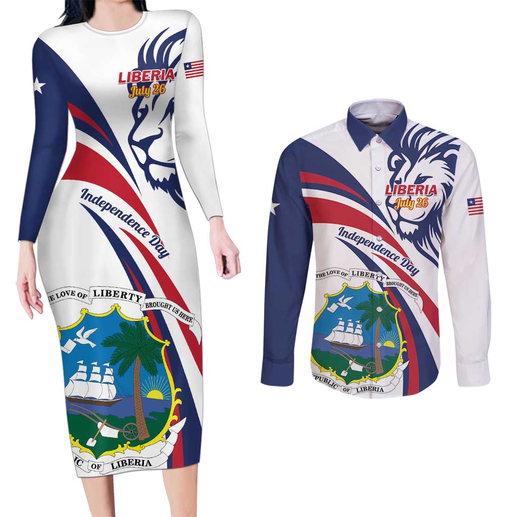 Liberia Independence Day Couples Matching Long Sleeve Bodycon Dress and Long Sleeve Button Shirt July 26 Lion Coat of Arms - Wonder Print Shop