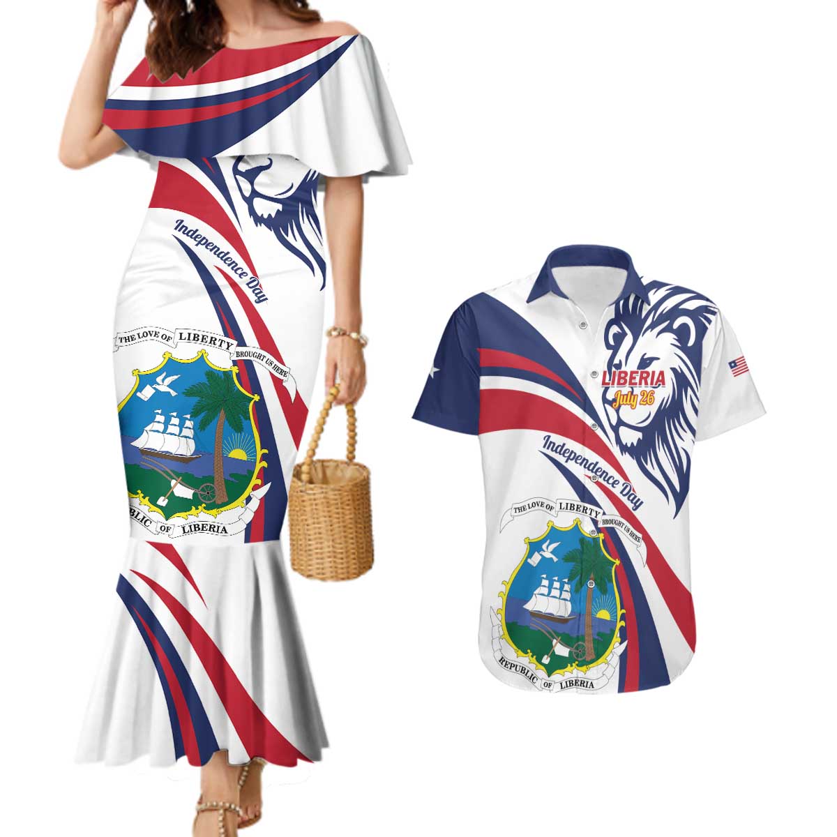 Liberia Independence Day Couples Matching Mermaid Dress and Hawaiian Shirt July 26 Lion Coat of Arms - Wonder Print Shop