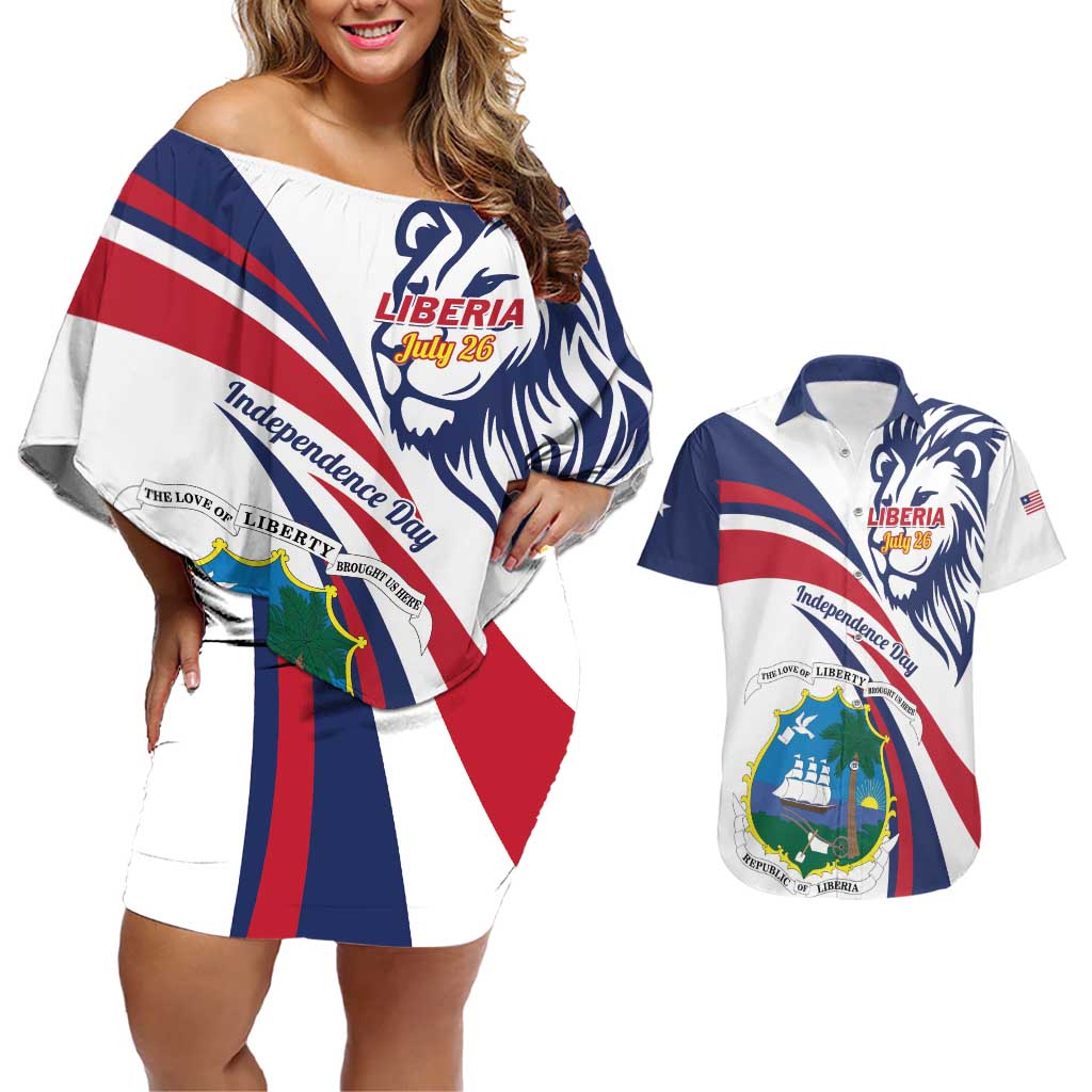 Liberia Independence Day Couples Matching Off Shoulder Short Dress and Hawaiian Shirt July 26 Lion Coat of Arms - Wonder Print Shop