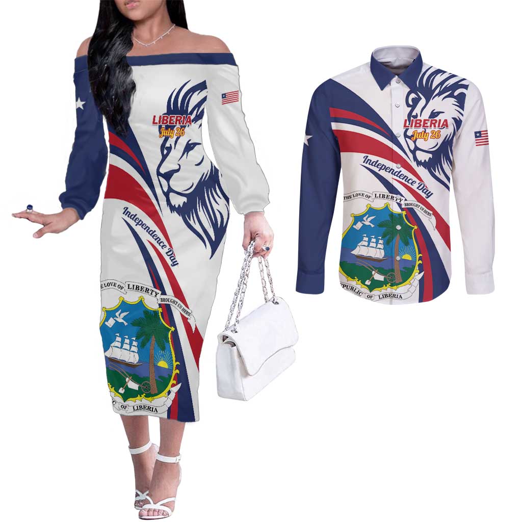 Liberia Independence Day Couples Matching Off The Shoulder Long Sleeve Dress and Long Sleeve Button Shirt July 26 Lion Coat of Arms