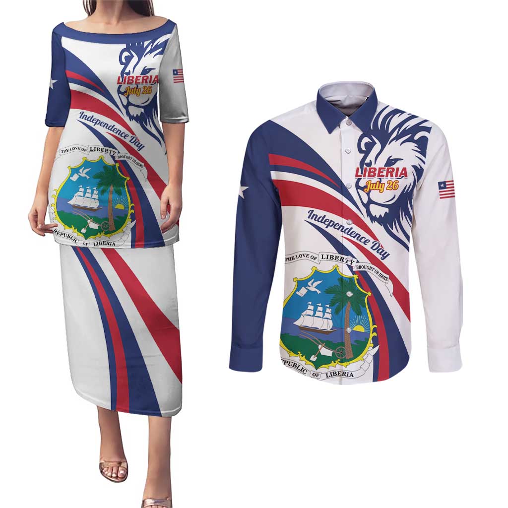 Liberia Independence Day Couples Matching Puletasi and Long Sleeve Button Shirt July 26 Lion Coat of Arms - Wonder Print Shop