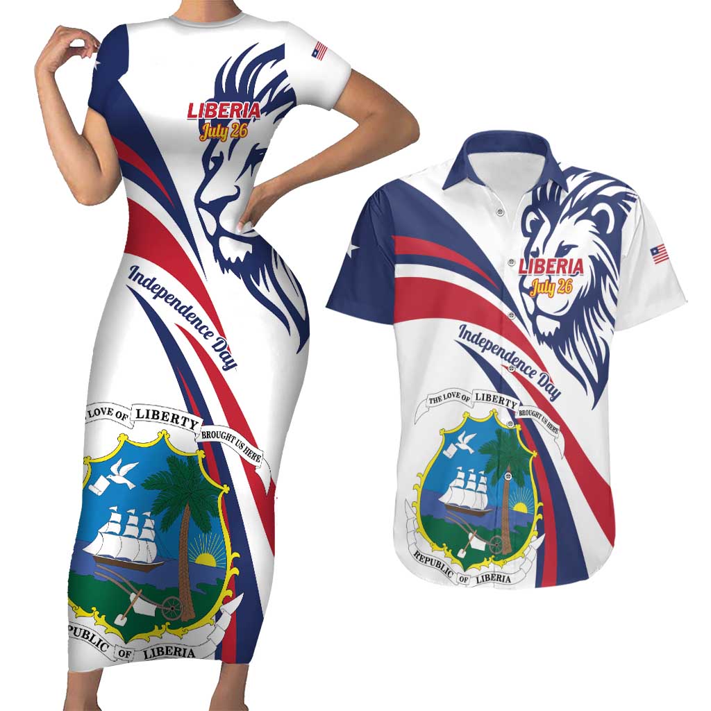 Liberia Independence Day Couples Matching Short Sleeve Bodycon Dress and Hawaiian Shirt July 26 Lion Coat of Arms - Wonder Print Shop