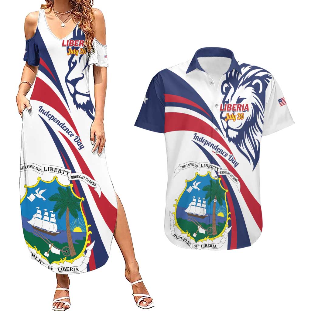 Liberia Independence Day Couples Matching Summer Maxi Dress and Hawaiian Shirt July 26 Lion Coat of Arms - Wonder Print Shop