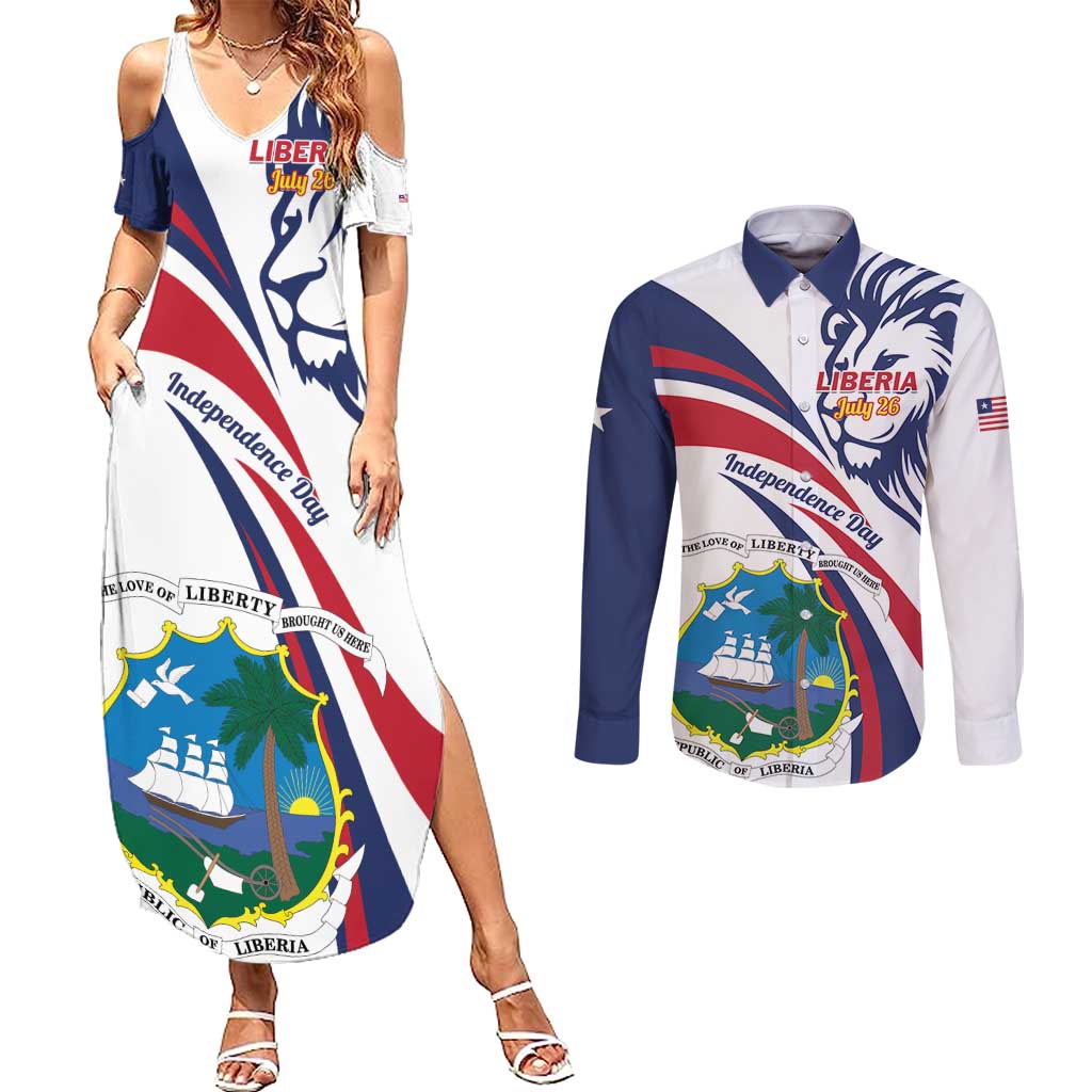 Liberia Independence Day Couples Matching Summer Maxi Dress and Long Sleeve Button Shirt July 26 Lion Coat of Arms - Wonder Print Shop