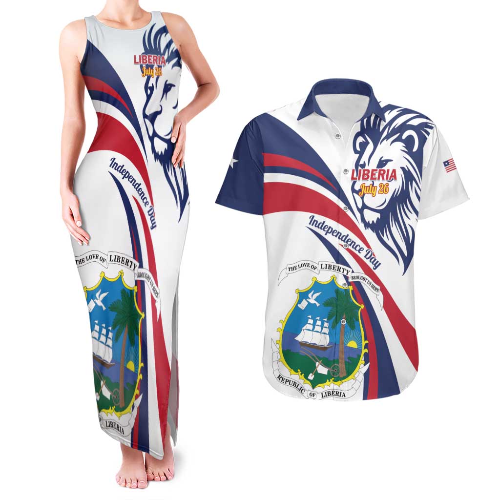 Liberia Independence Day Couples Matching Tank Maxi Dress and Hawaiian Shirt July 26 Lion Coat of Arms - Wonder Print Shop