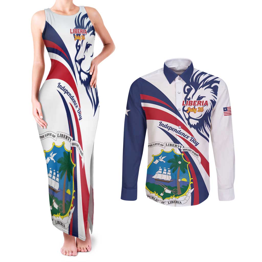 Liberia Independence Day Couples Matching Tank Maxi Dress and Long Sleeve Button Shirt July 26 Lion Coat of Arms - Wonder Print Shop