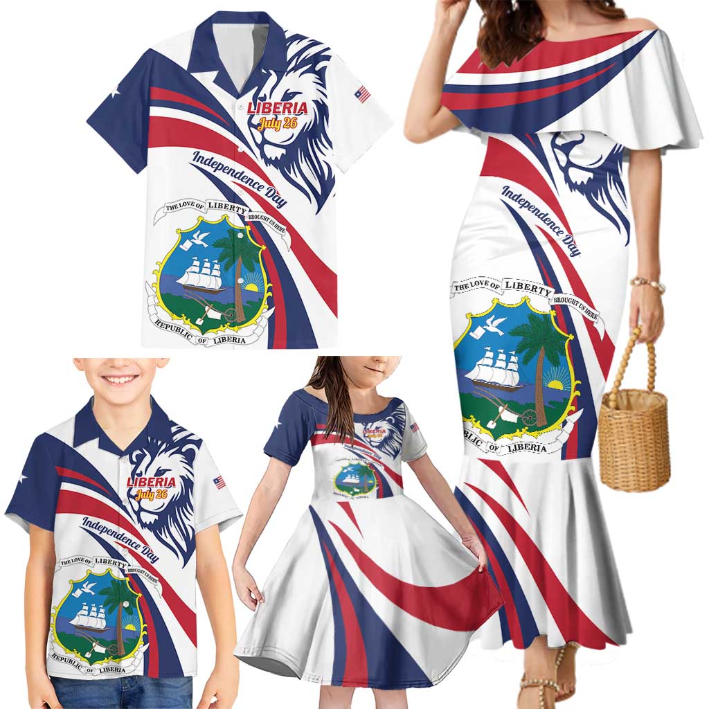 Liberia Independence Day Family Matching Mermaid Dress and Hawaiian Shirt July 26 Lion Coat of Arms - Wonder Print Shop