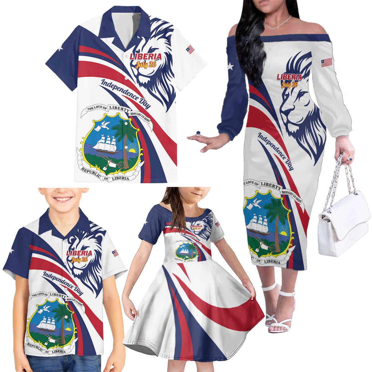 Liberia Independence Day Family Matching Off The Shoulder Long Sleeve Dress and Hawaiian Shirt July 26 Lion Coat of Arms - Wonder Print Shop