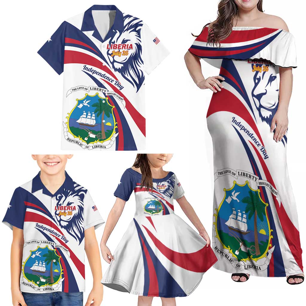 Liberia Independence Day Family Matching Off Shoulder Maxi Dress and Hawaiian Shirt July 26 Lion Coat of Arms - Wonder Print Shop