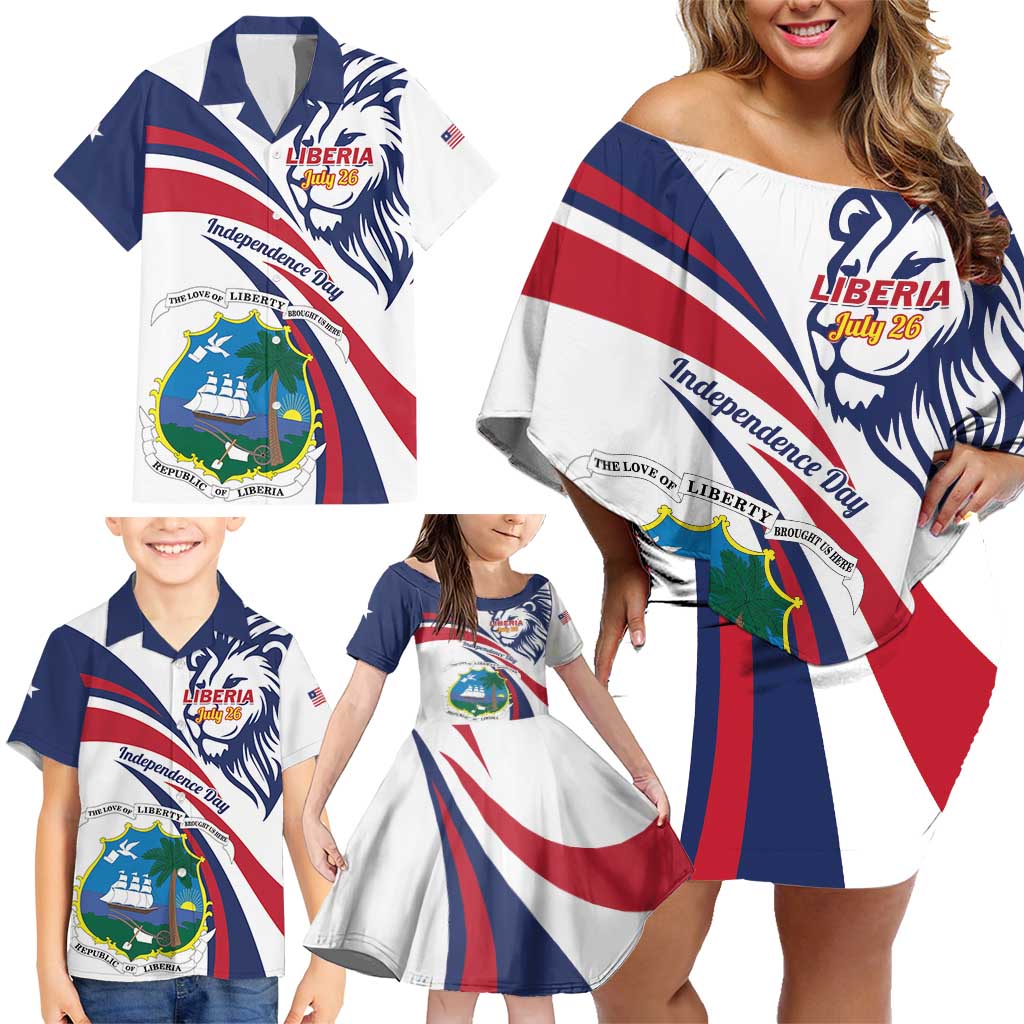 Liberia Independence Day Family Matching Off Shoulder Short Dress and Hawaiian Shirt July 26 Lion Coat of Arms - Wonder Print Shop