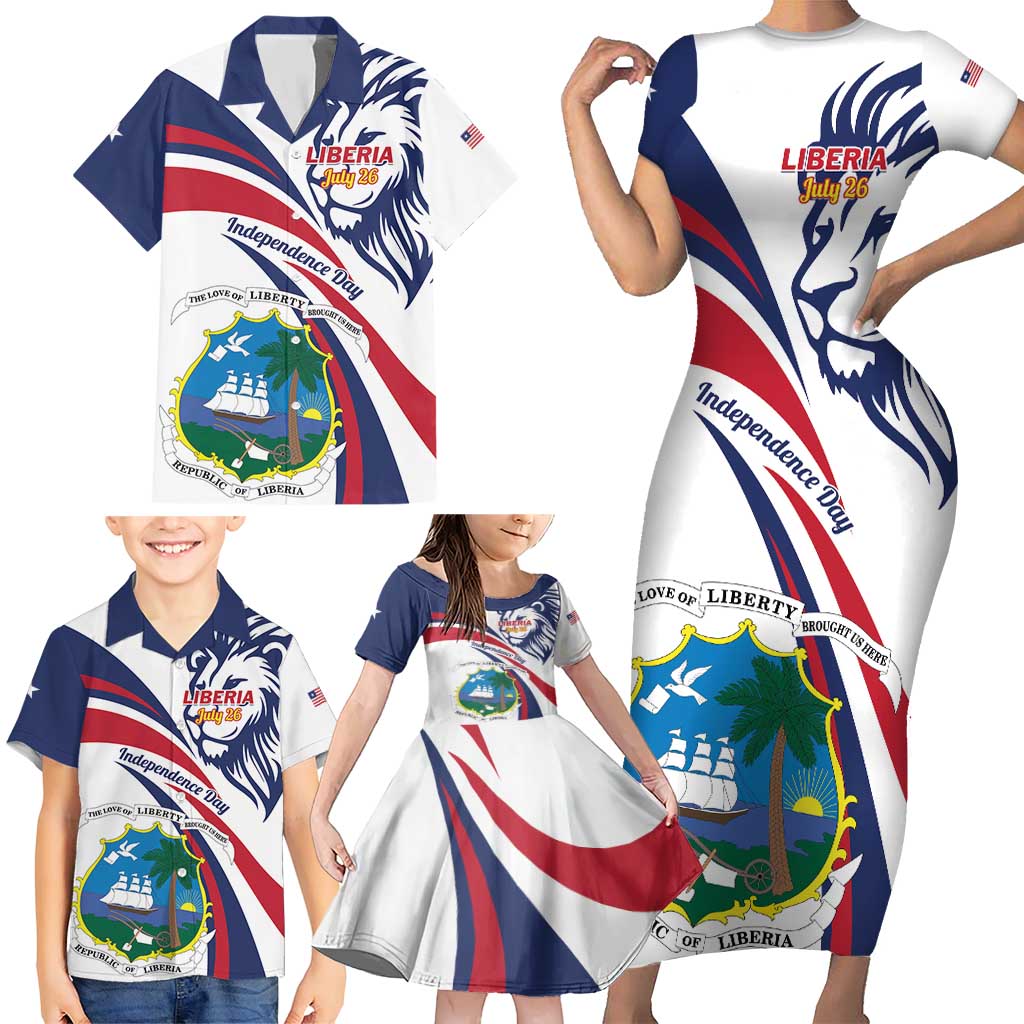 Liberia Independence Day Family Matching Short Sleeve Bodycon Dress and Hawaiian Shirt July 26 Lion Coat of Arms - Wonder Print Shop