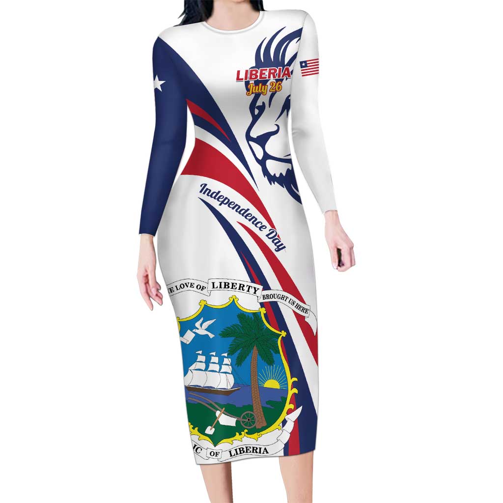 Liberia Independence Day Long Sleeve Bodycon Dress July 26 Lion Coat of Arms - Wonder Print Shop