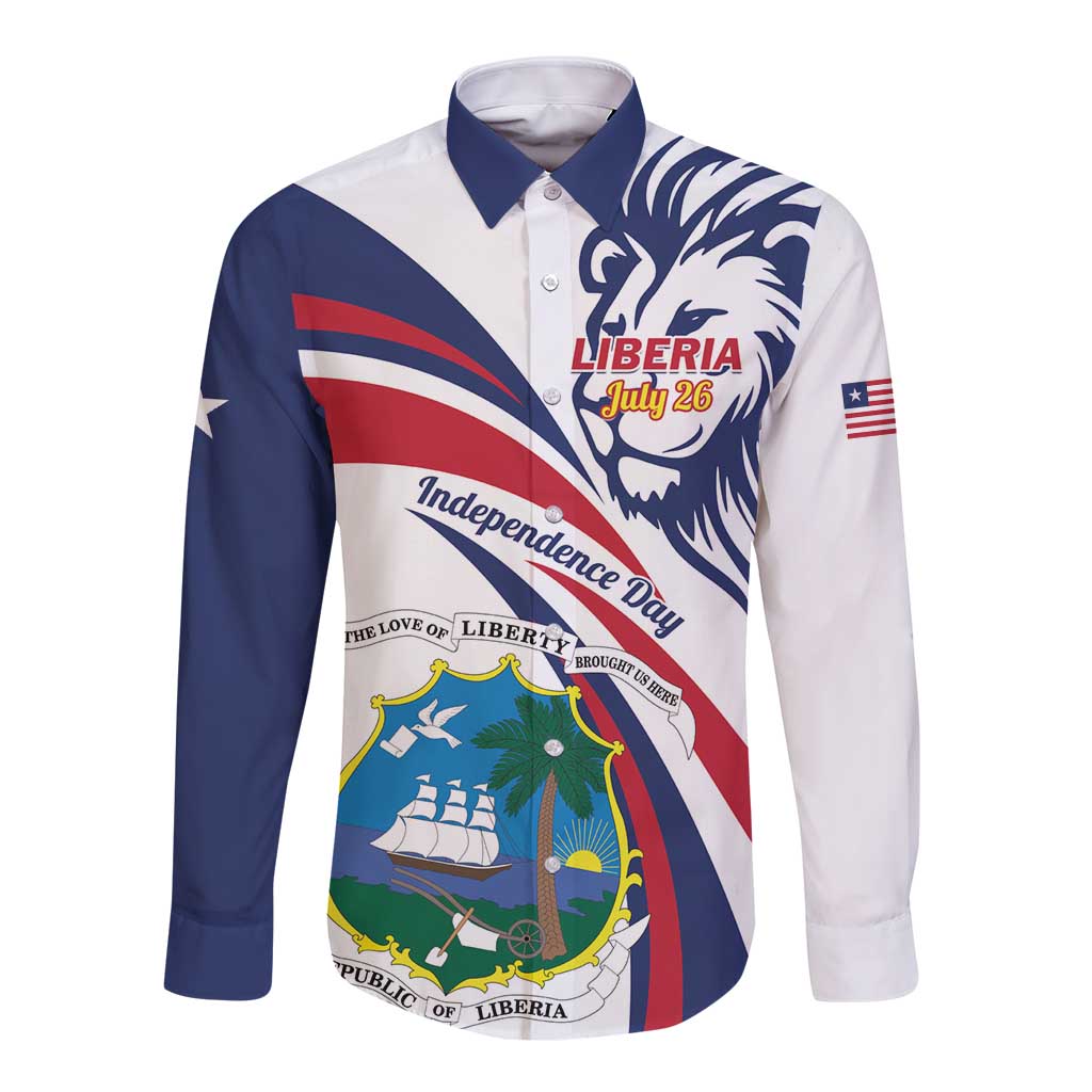 White long-sleeve button shirt with navy panels and Liberia lion crest graphic