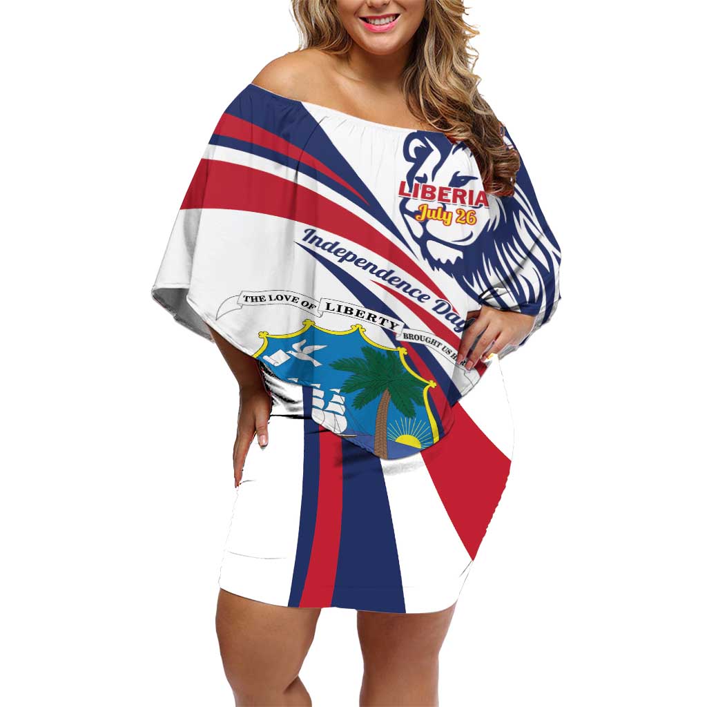 Liberia Independence Day Off Shoulder Short Dress July 26 Lion Coat of Arms - Wonder Print Shop