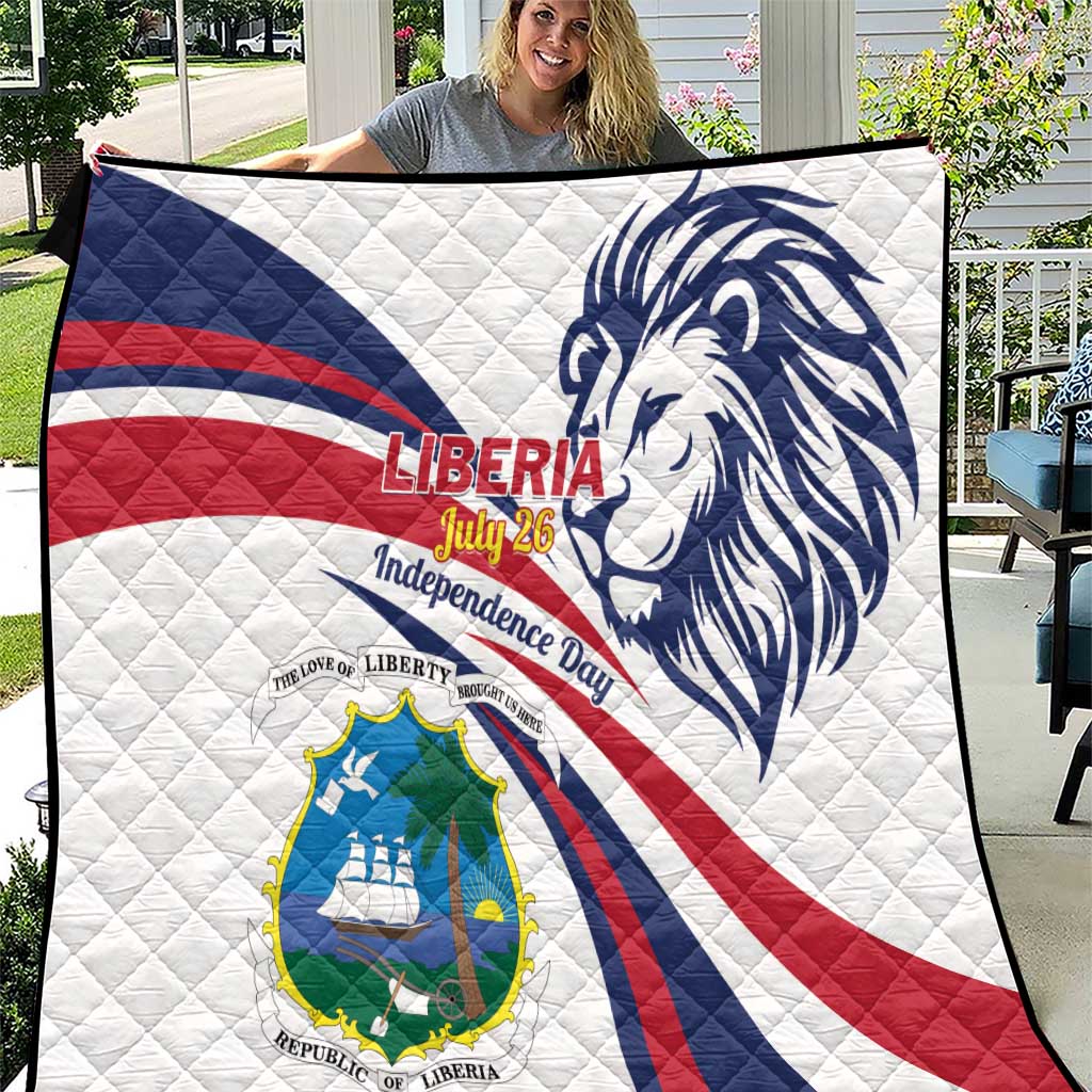 Liberia Independence Day quilt with white ground, lion head, and Liberia crest centered