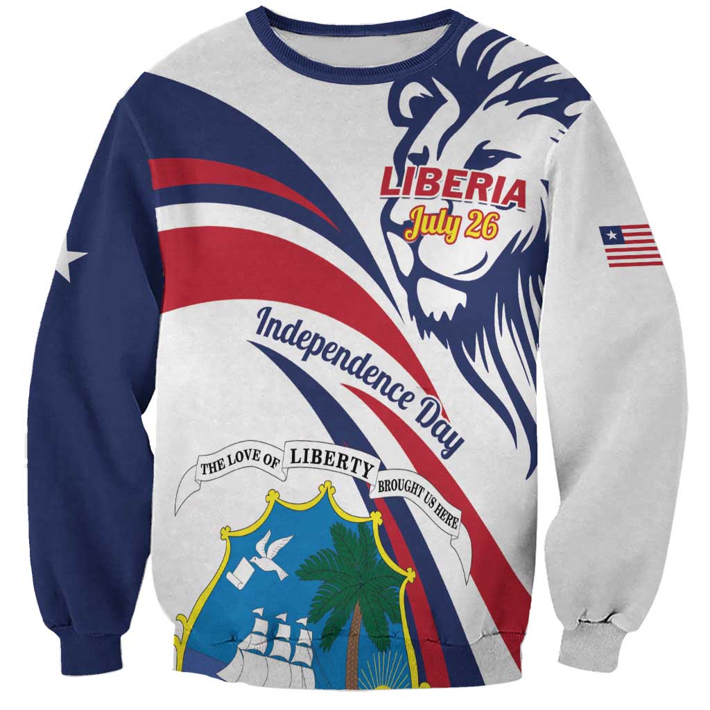 Unisex white sweatshirt with Liberia July 26 lion and coat-of-arms graphic, stars, flag.